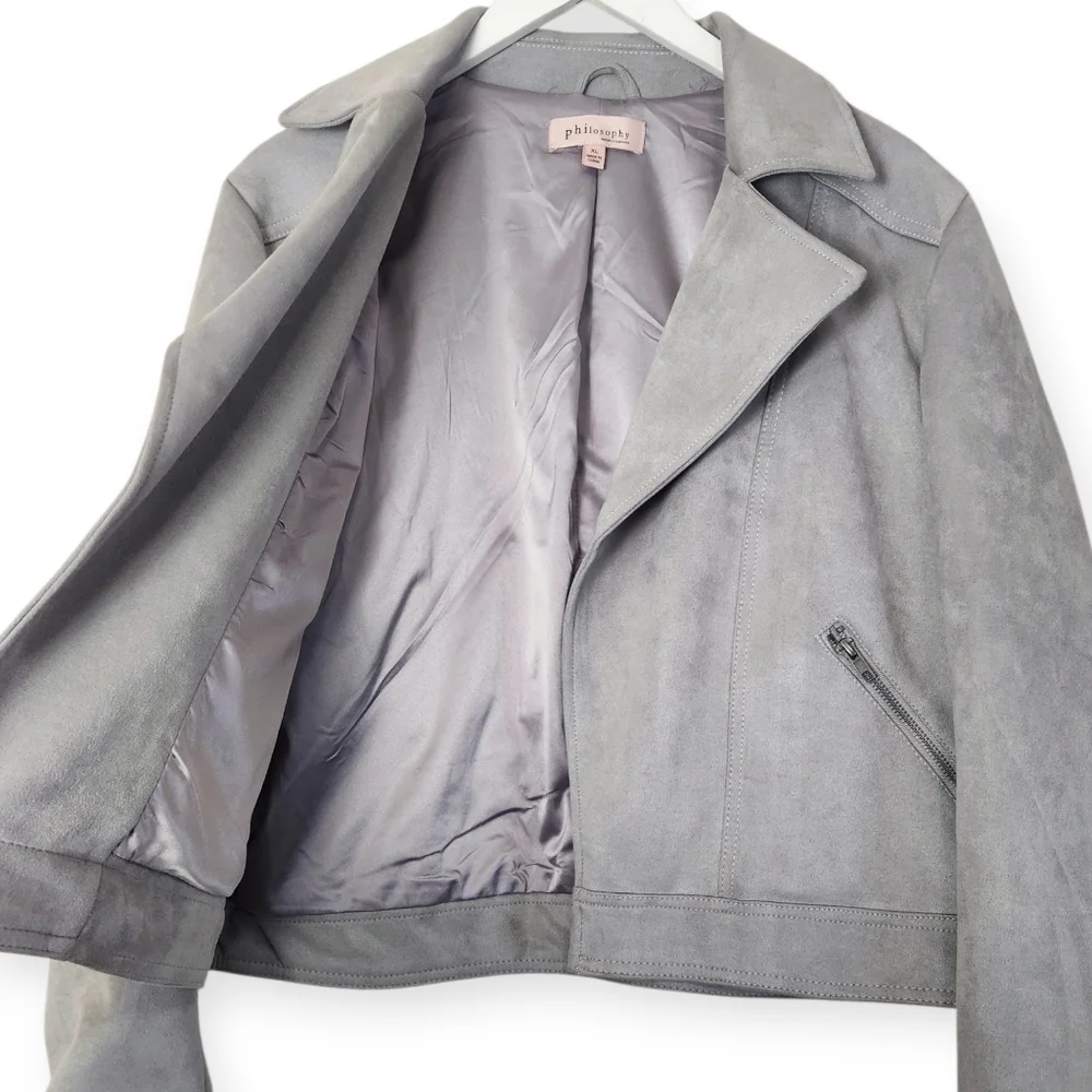 Philosophy By Republic Open Front Soft Heather Grey Faux Suede Moto Jacket XL